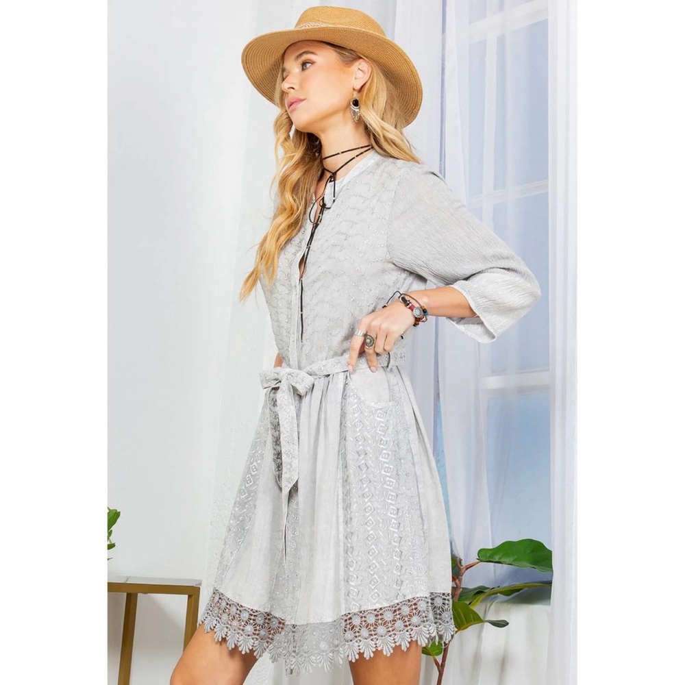 Young Threads Bohemian Baby Doll Button Down Dress in Light Gray Size L NWT - Picture 4 of 14